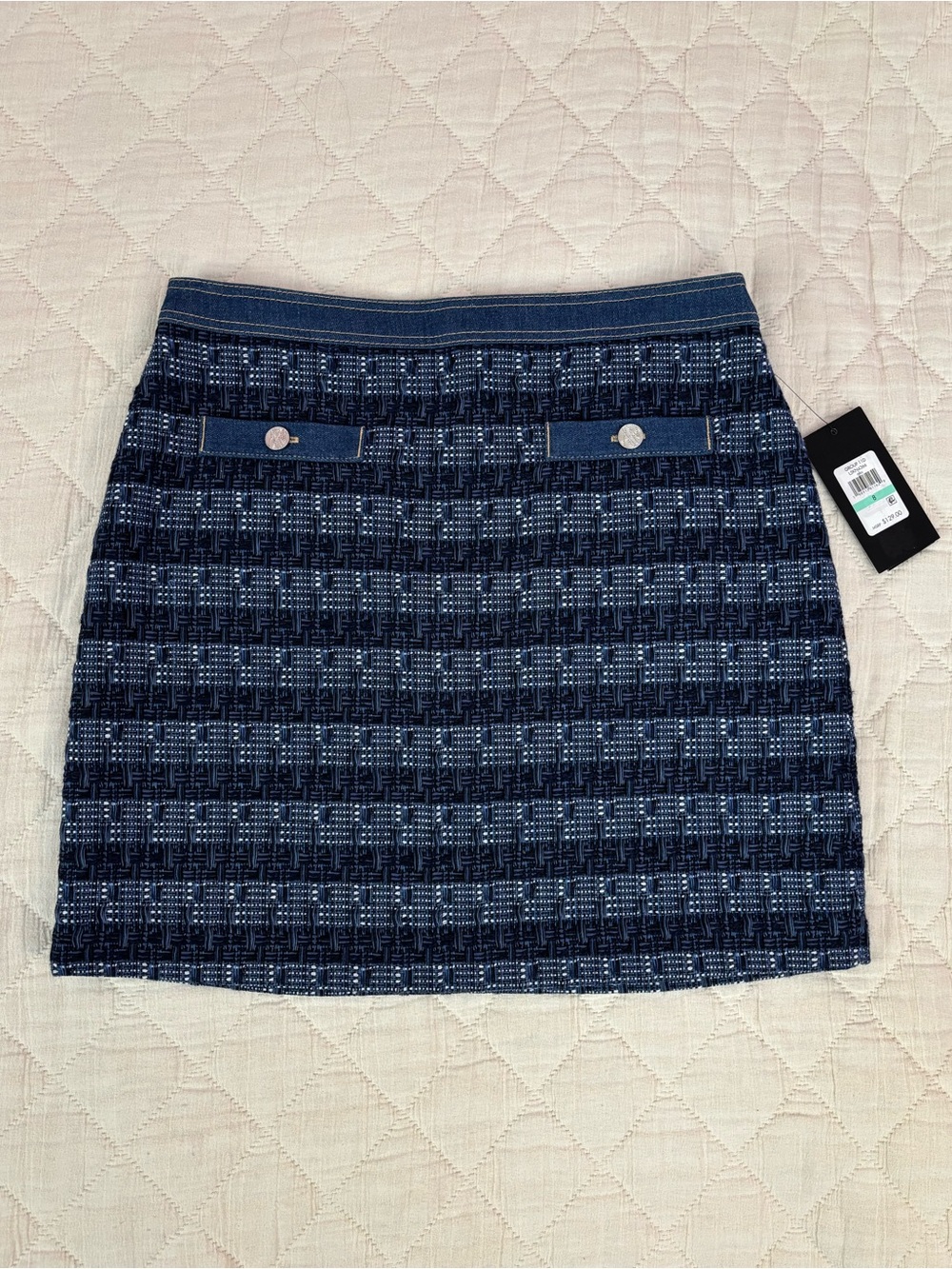NWT KARL LAGERFELD PARIS Women's Tweed and Denim Zipper Mini Skirt Sz 8 -